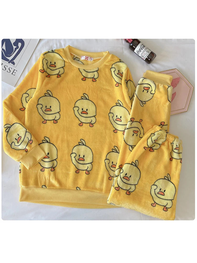 Winter Flannel Women Pajamas Sets Kawaii Cartoon Long Sleeve Sleepwear Warm Thick Coral Velvet Girl Home Pijamas Set New 2023