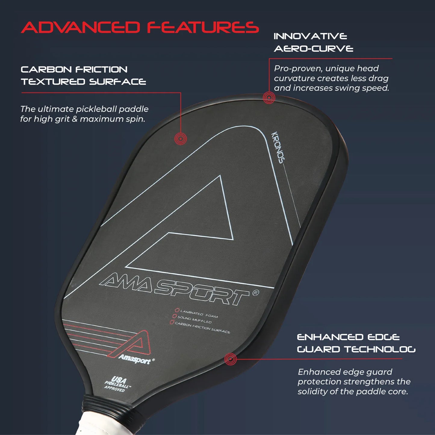 AMASPORT Pickleball Paddle PA016 USAPA Approved Carbon Friction Textured Surface 16mm Lightweight Pickleball Paddles