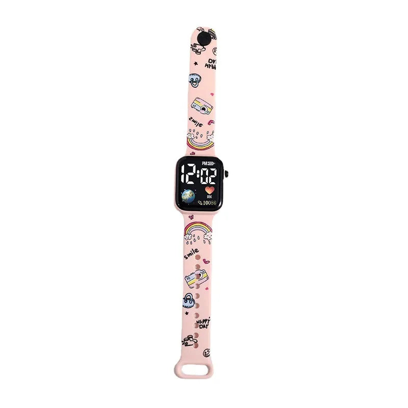 Hello Kitty Cartoon Printed Button LED Electric Watch Teenager Fashion Personality Stitch Printed Square Electronic Watch