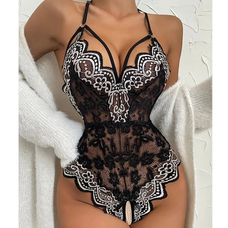 Sexy Lingerie One Piece Bodysuit Women Push Up Bra Set Lace Women's underwear Cross Straps Nightgown Transparent Sleepwear Sets