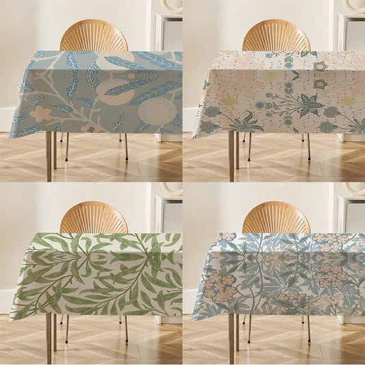 Fashion Plant Leaves Blue Flax Linen Tablecloth Table Dustproof Cover Heat Resistant For Kitchen Dining Room Multiple Sizes