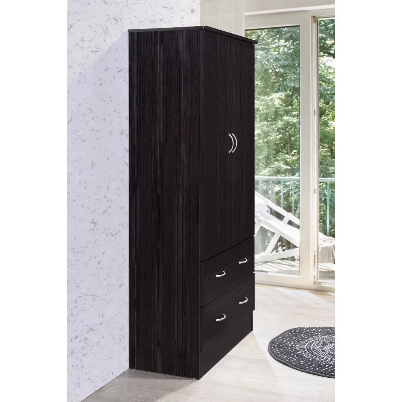 Hodedah Two Door Wardrobe with Two Drawers and Hanging Rod, Chocolate /Cherry/Beech/Black）Optional