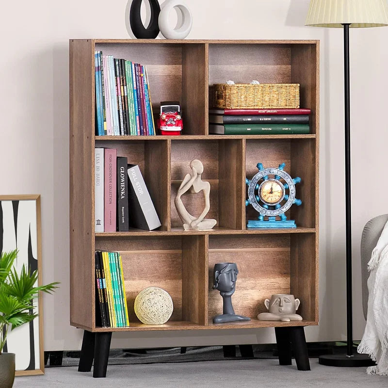 Cube Bookshelf 3 Tier Mid-Century Modern Bookcase with Legs,Wood Book Shelves Storage Organizer Shelf,Display Bookshelves