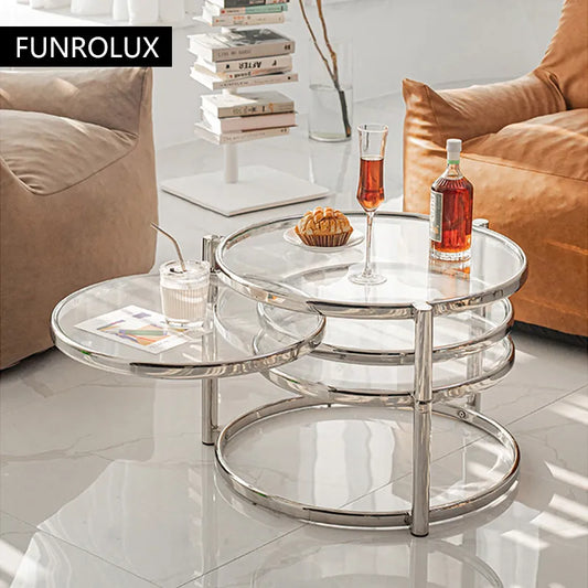 Coffee Table in Stainless Steel Tea Table for Apartment With Movable Rotating Edge Table with Tempered Glass