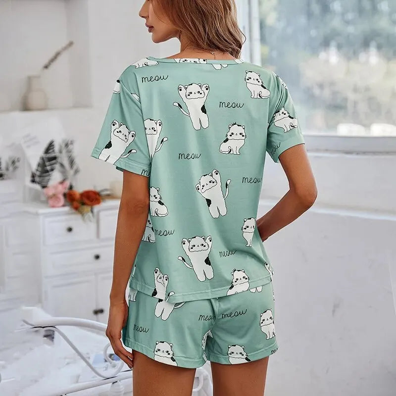 Women Pajamas Sets Short Sleeve Nightwear Top and Pants Sleepwear 3 Piece Pjs Loungewear Cartoon Print Pyjamas Set Nightwear