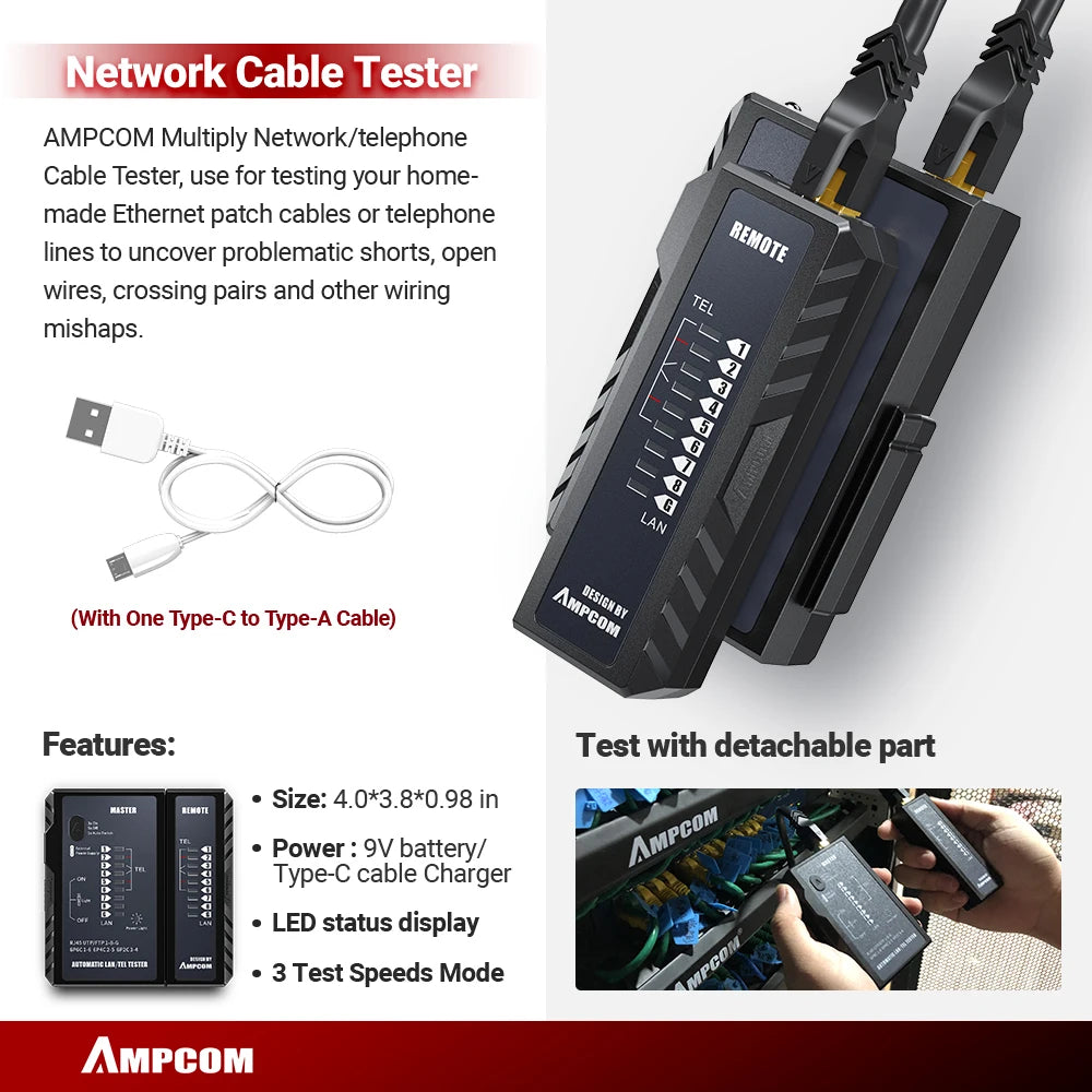 AMPCOM RJ45 Crimper Lan Tester Tool Set Ethernet Cable Stripper Punch Down Tool rj 45 rj11 Connectors 12 in 1 Cabling Repair Set