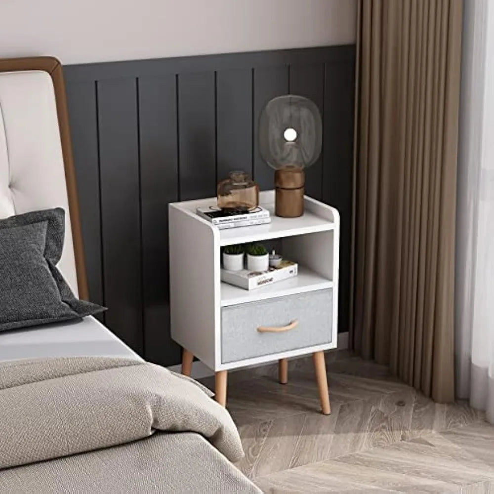 NightStand with Fabric Drawer, Bedside Table with Solid Wood Legs, Minimalist and Practical End Side Table