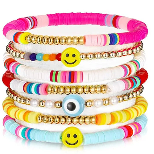 6-7Pcs/Set Bohemia Smile Face Colorful Stackable Bracelet Soft Clay Pottery Layering Friendship Bead Girl Bangle Boho Jewelry