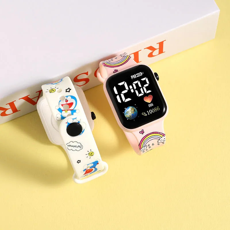 Hello Kitty Cartoon Printed Button LED Electric Watch Teenager Fashion Personality Stitch Printed Square Electronic Watch