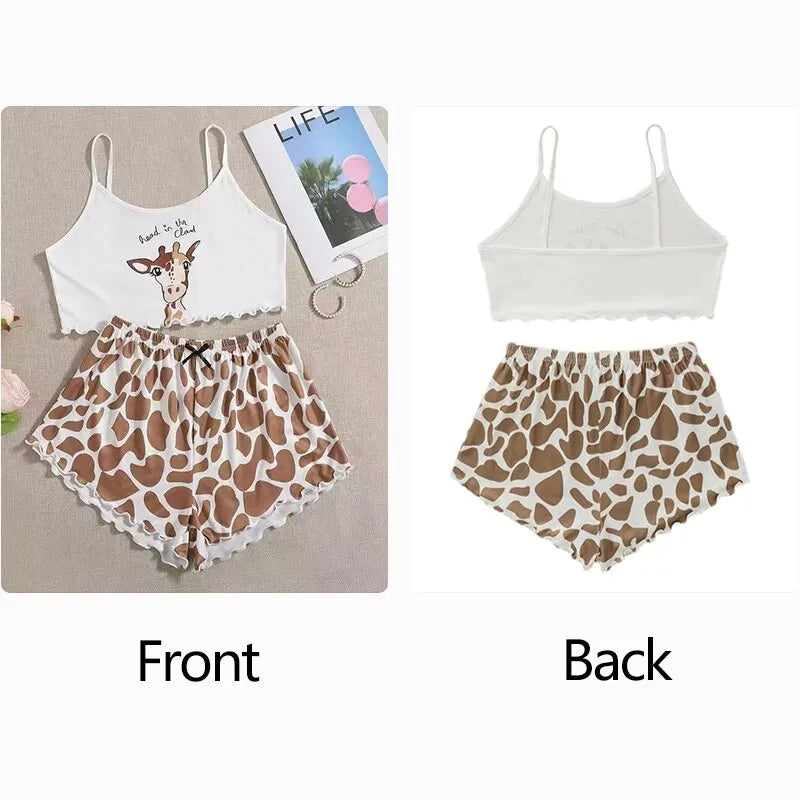 Women Vest Pajamas Pijamas Sleepwear White M L XL Cute Top Shorts Set Cartoon Print Two-piece Home Wear Summer Soft Comfortable