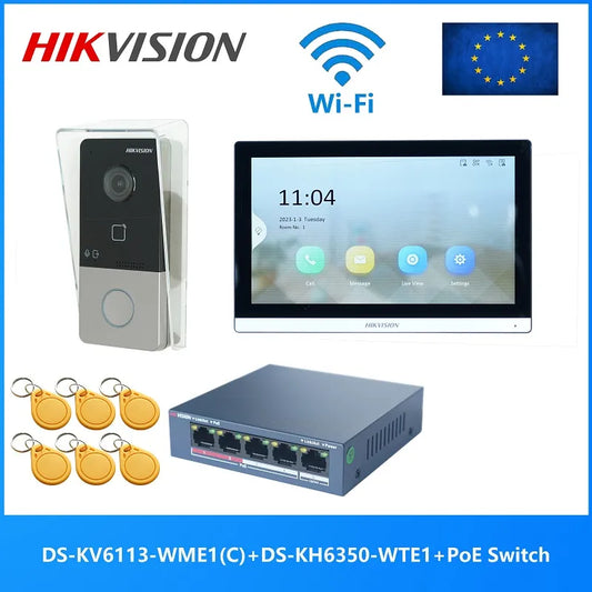 HIKVISION Multi-language 802.3af POE Video intercom KIT,include DS-KV6113-WPE1(C) & DS-KH6350-WTE1 & PoE Switch