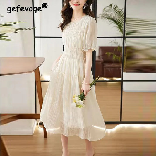 2023 Summer Women French Hepburn Style Fairy Elegant Party Dresses Vintage Ruffled Short Sleeve Sweet Chic Midi Dress Vestidos