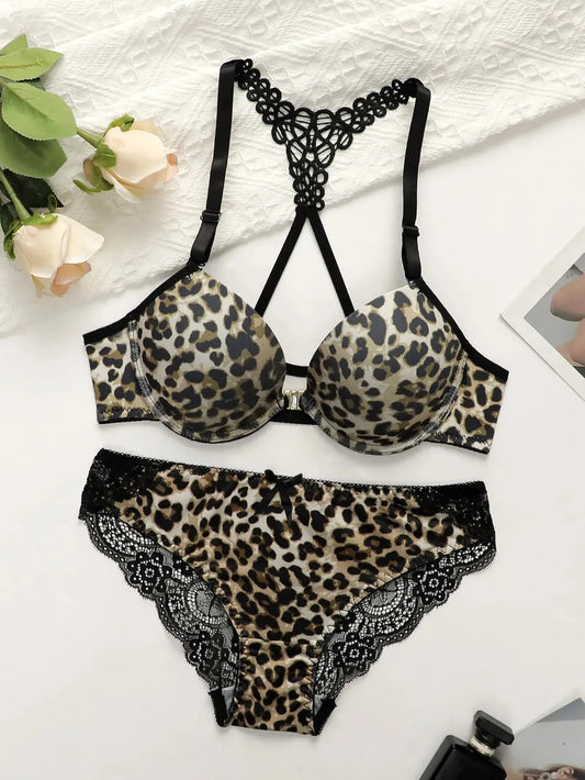 2 Sets Of Women's Sexy Underwear Set Leopard Pattern Bra with Steel Ring Front Closure Comfortable and Breathable Lace Panty