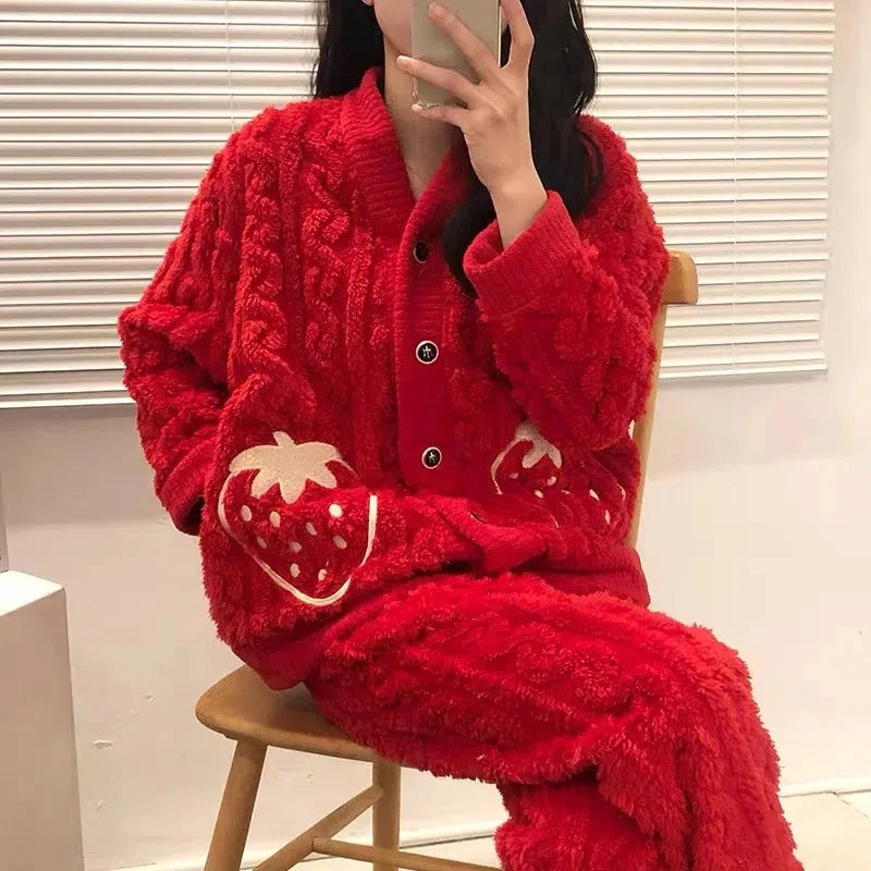 Winter Strawberry Pajamas Set Women Pyjamas Sets Thick Coral Velvt Flannel Girl Warm Lounge Sleepwear Pajama Sets