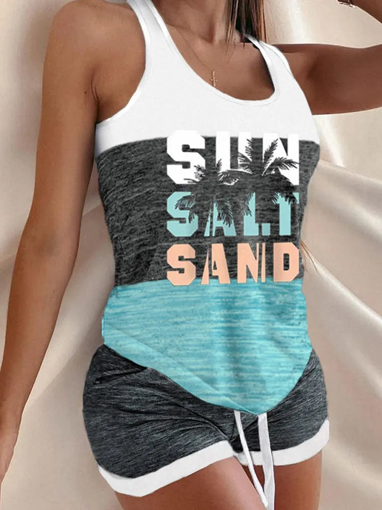 Women Casual Sleeveless Set Sleepwear Sun Salt Sand Color Block Coconut Tree Tank And Shorts Pajamas Set Comfortable Casual New