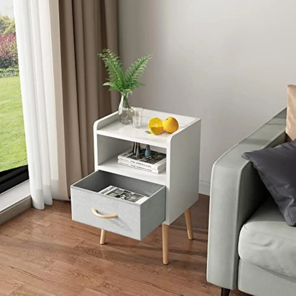 NightStand with Fabric Drawer, Bedside Table with Solid Wood Legs, Minimalist and Practical End Side Table