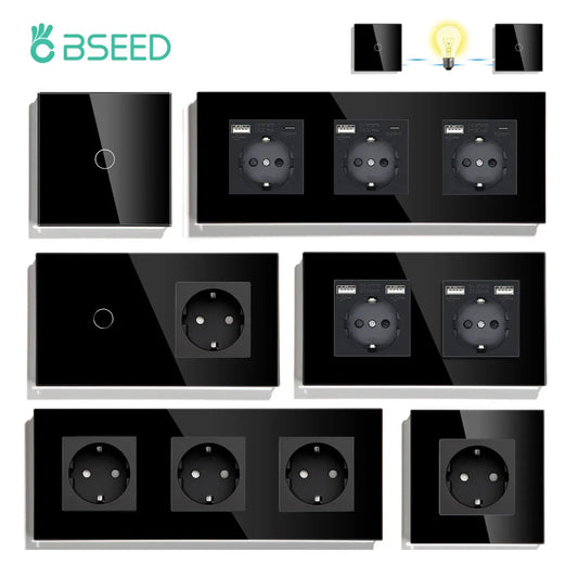 BSEED Touch Light Switches 2Way Wall Switches 1/2/3Gang LED Switches Blue Backlight EU Standard Sockets Home USB Phone Charge