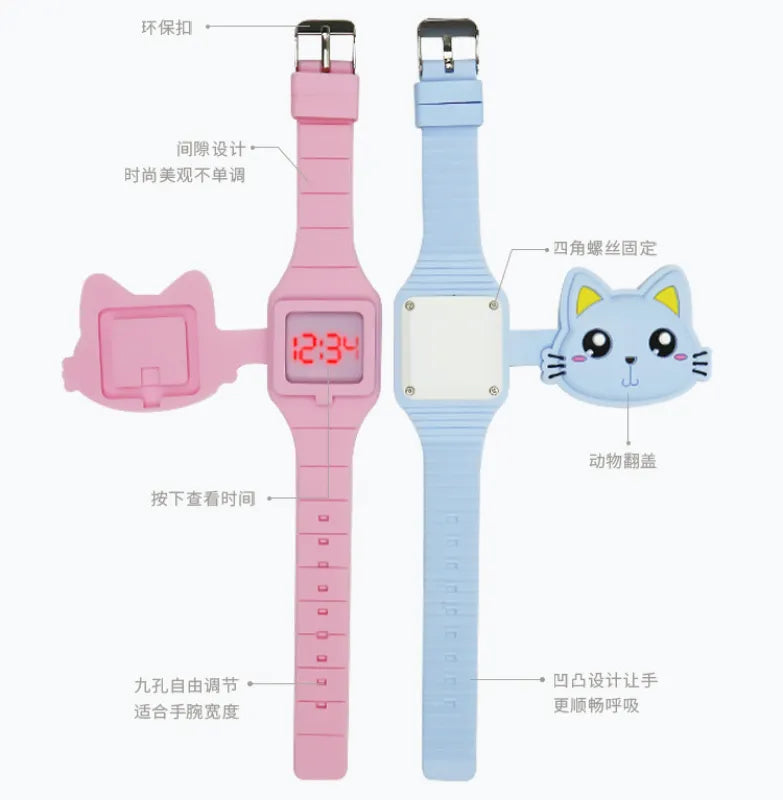 Fashion Kids Watch Cute Cat Shape LED Digital Watches for Girls Boys BPA Free Silicone Band Clamshell Design Children Wristwatch