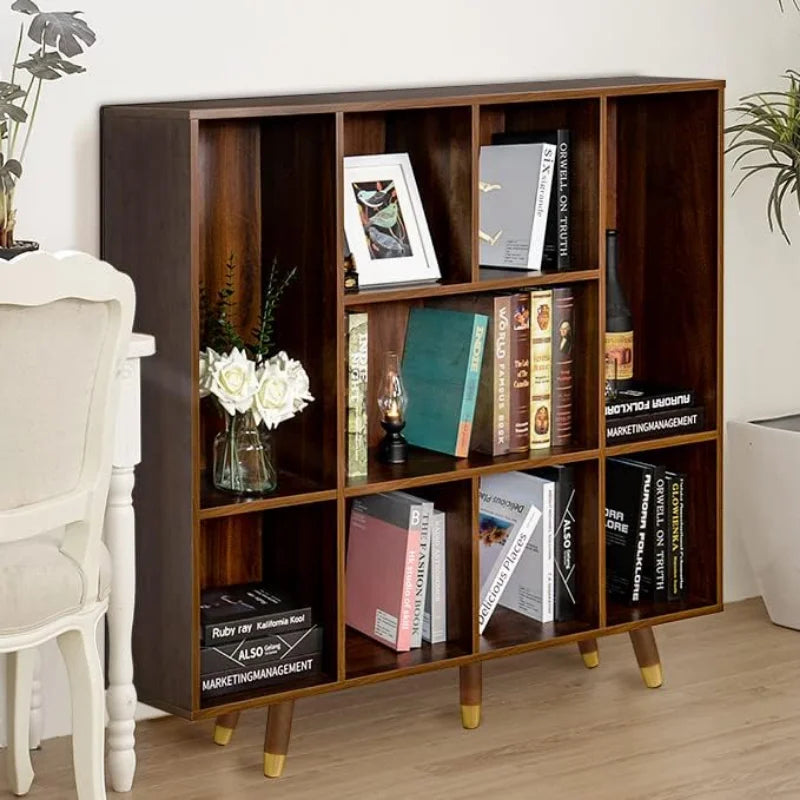 Bookshelf, 9 Cube Storage Organizer, 3 Shelf Bookcase with Legs, Wide Rustic and Mid Century Bookshelf