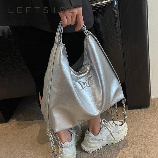 LEFTSIDE Design Silver Leather Crossbody Bags for Women 2023 Luxury Designer Korean Fashion Chain Shoulder Bag Handbags