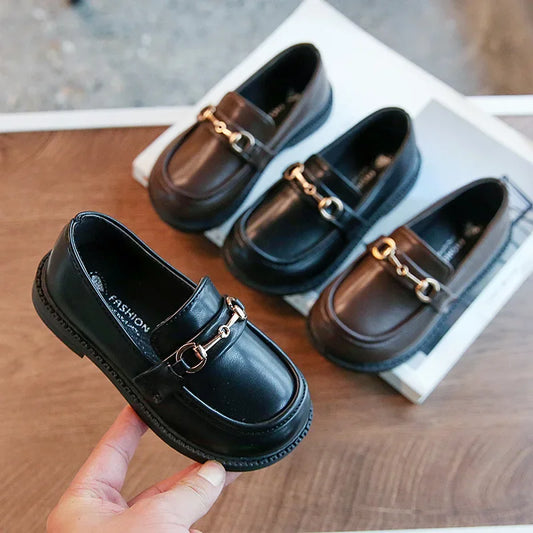 2022 Spring New Girls British Boys Leather Shoes Children Soft Mary Janes Metal Kids Fashion Casual Solid Black Slip-on Loafers