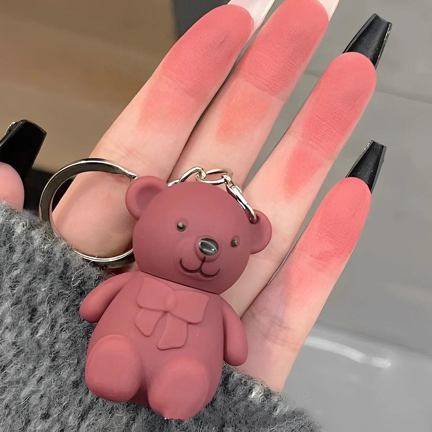 Cute Bear Keychain Lip Mud Matte Velvet Mousse Grey Pink Lipstick Waterproof Long Lasting Non-Stick Cup LipGloss Korean Cosmetic