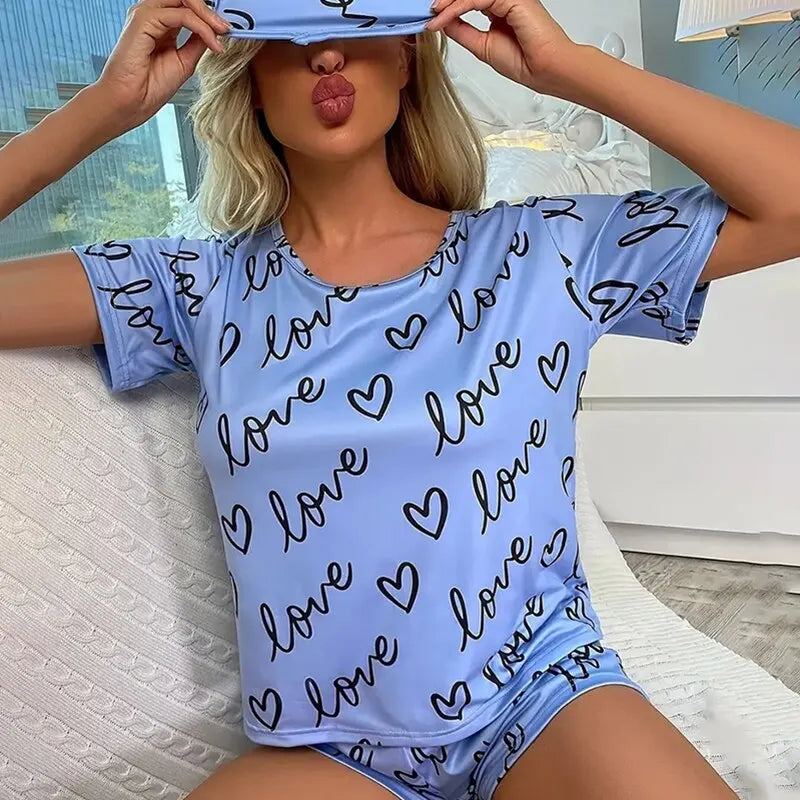 Cute Pajama Set Sleepwear Women's Cartoon Print Short Sleeve Tee and Shorts Pajama Set 3 Piece Nightwear Loungewear Home Clothes