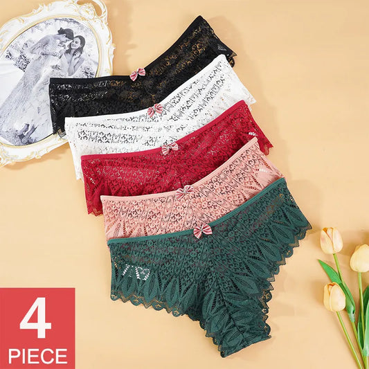 4pcs/lots Women Briefs Sexy Full Lace Panties Hollow Out Low Waist Breathable Underpants Female Lingerie Seamless Intimates