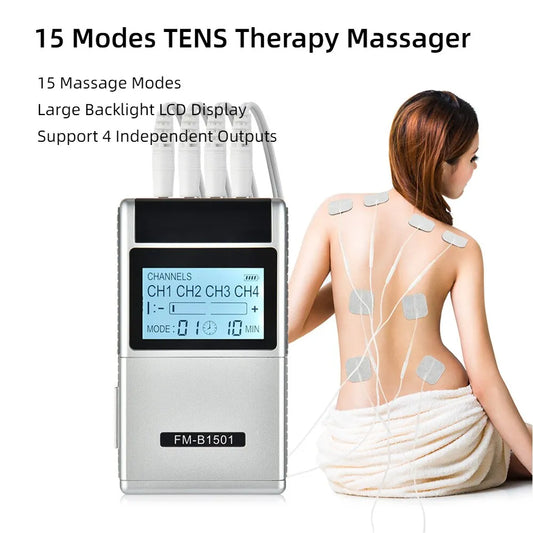 15 Modes TENS Therapy Massager 4 Output Electric EMS Nerve Muscle Stimulator Body Massage Device Back Neck Foot Leg Pain Relief