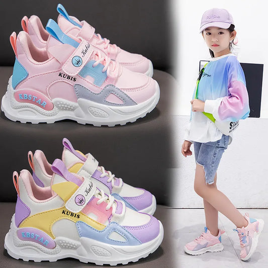 Kids Spring Sneakers Girls School Casual Shoes Outdoor Breathable Running Shoes Light Soft Tenis Pink Non-slip Children Shoes