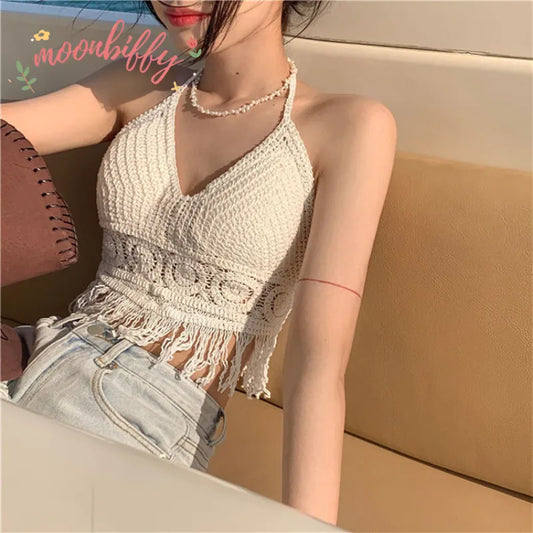 Woman Sexy Top Crochet Tank Tops Women Corset Femme Tanks Crop Camisole Fashion Knit Camis Built In Bra Back Lace Halter Neck