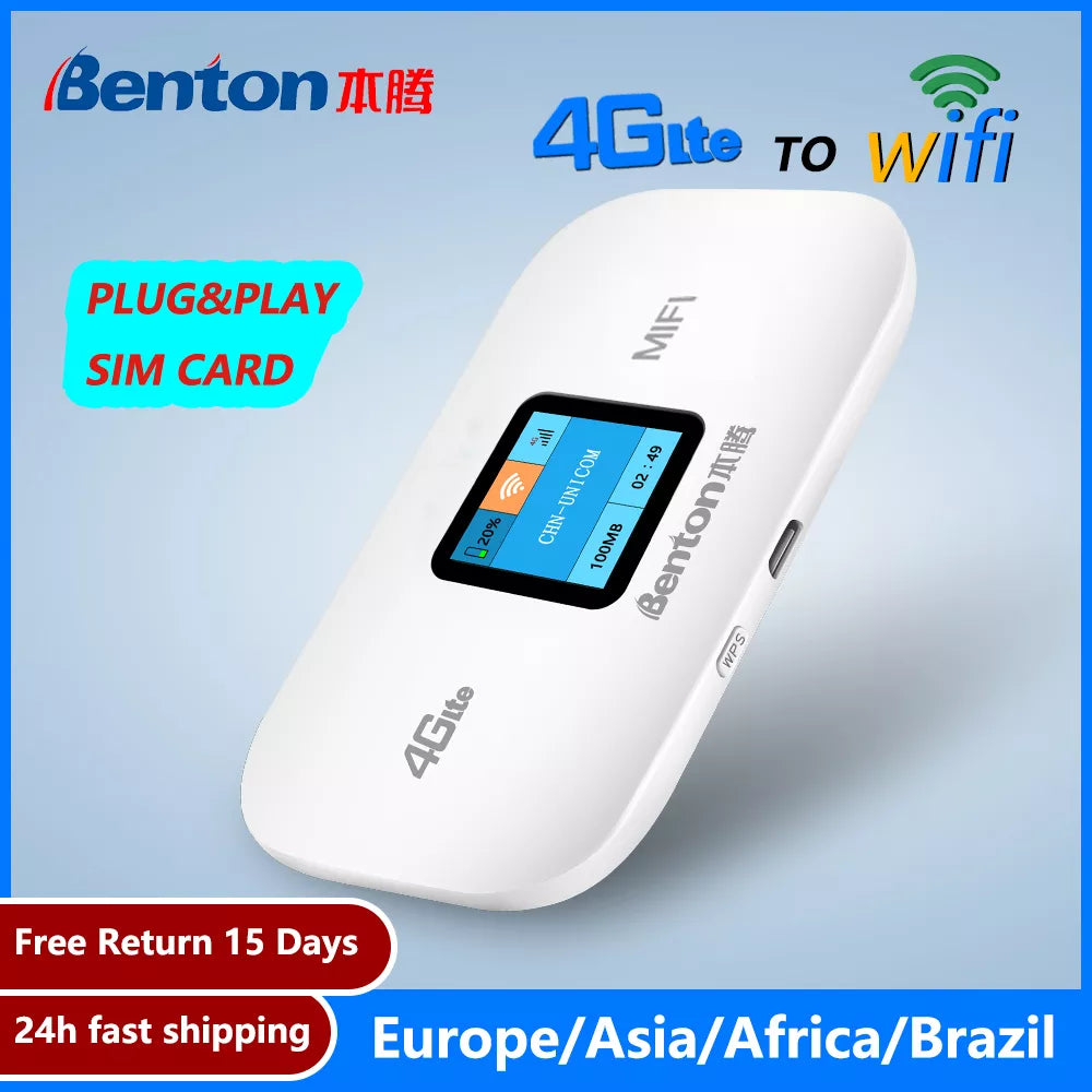 Benton Unlock 4GLte WIfi Router Hotspot Wireless Pocket Mifi Sim Card Plug&Play Mobile 150Mbps High Speed Travel 3000mAh Battery