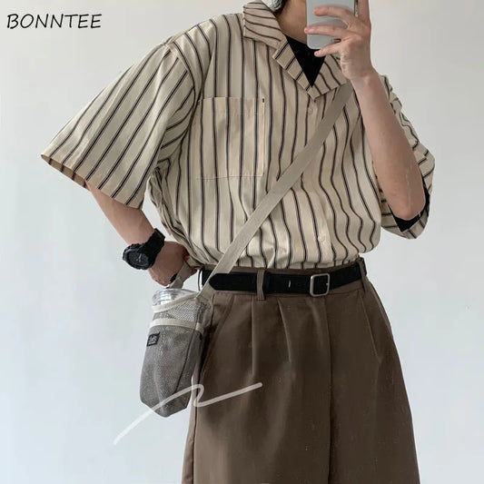 Striped Shirts Men Students Khaki Summer All-match Japanese Retro Harajuku Clothing Baggy Fashion Ins Design Kpop Streetwear New