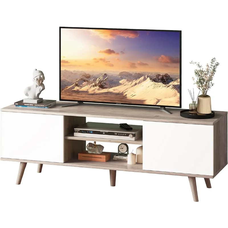 WLIVE TV Stand for 55 60 inch TV, Boho Entertainment Center with Storage Cabinets, TV Console for Living Room Decor, Greige Whit