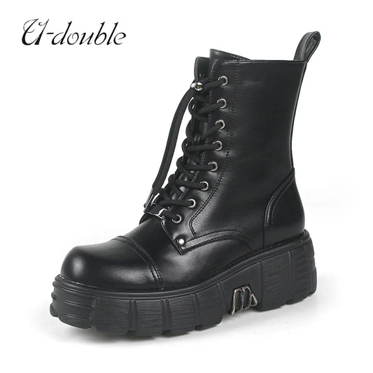 2023 New Punk Women Platform Ankle Boots Female's Rock Round Toe Lace Up Fashion Retro Chunky Shoes Metal Decor Short Boots