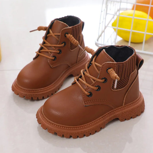 Baywell Spring Kids Boys Fashion Leather Boots Children Girls Warm Soft Bottom Non-slip Running Shoes 1-5 Years