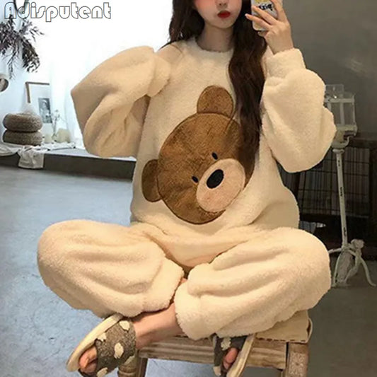 Autumn Winter New Warm Flannel Women's Pajamas Set Long-Sleeved Trousers Two-Piece Set Cute Soft Home Wear Clothes For Women