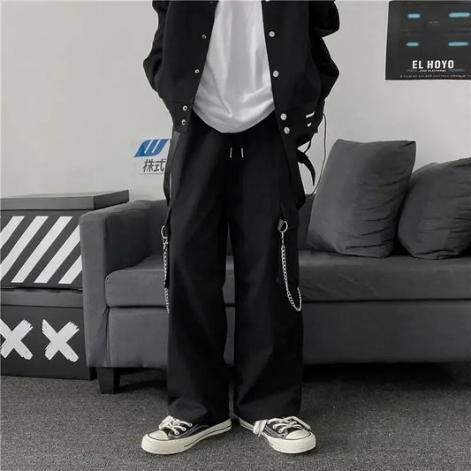 Black Cargo Pants with Chain Streetwear Men Wide Leg Trousers Harajuku Hip Hop Hombre Casual Joggers