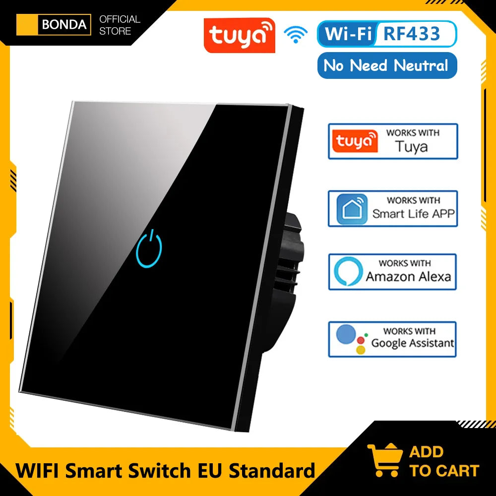 BONDA Smart Switch Alexa RF433 No Neutral Tuya Control Works With Google 1/2/3 Gang Smart Life Home Light WiFi Touch Switches