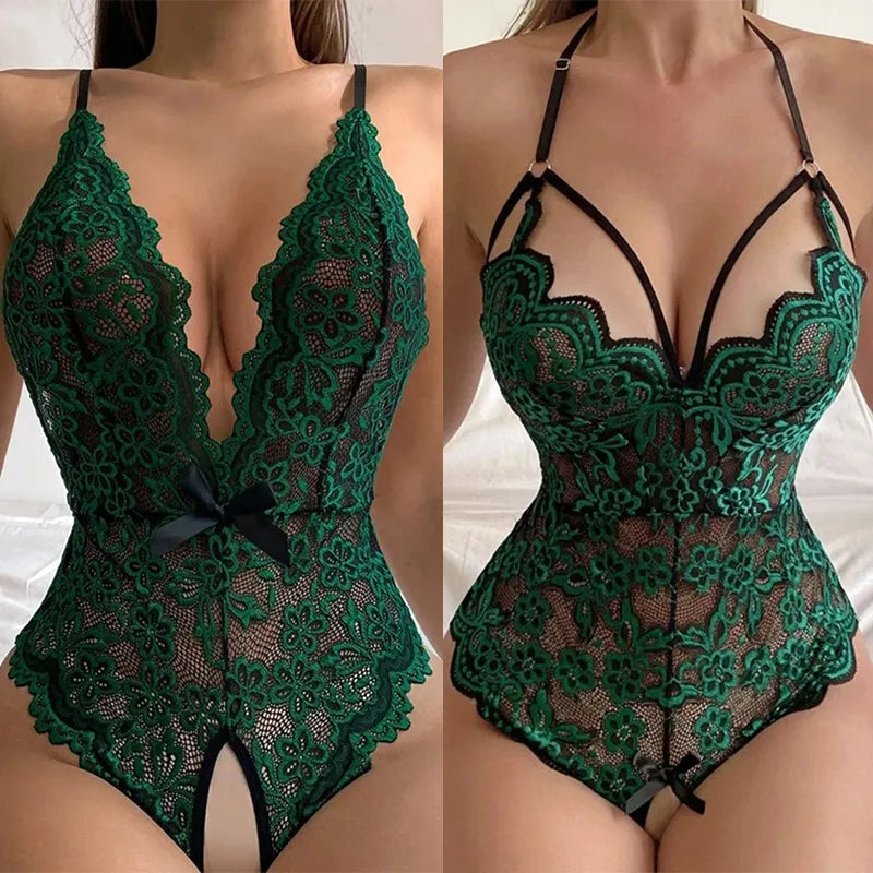 Sexy Lingerie One Piece Bodysuit Women Push Up Bra Set Lace Women's underwear Cross Straps Nightgown Transparent Sleepwear Sets