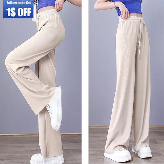 2023 Women Ice Silk Casual Pants Fashion High Waist Elastic Wide Leg Pants Female Summer Slimming Loose Black Straight Trousers