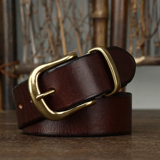 3.8CM  Pure Cowhide Genuine Leather for Men High Quality Jeans Brass Buckle Belts Cowboy Waistband Male Fashion Designer Luxury