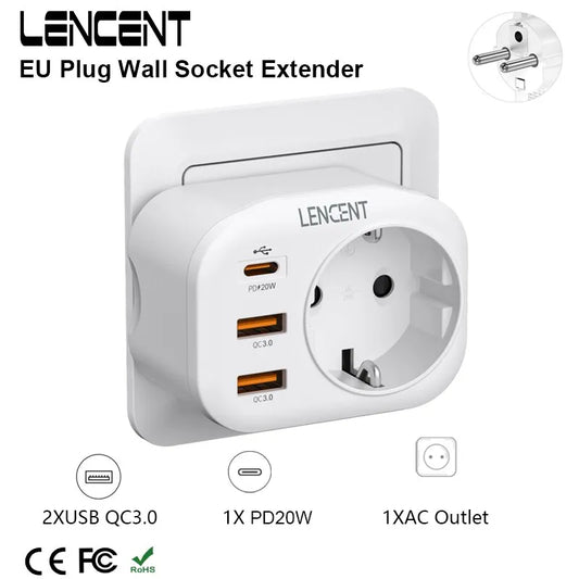 LENCENT EU Plug Wall Socket Extender with 1 AC Outlet 2 USB QC3.0 and 1 Type C PD 20W Multi Socket Fast Charger for Home Travel