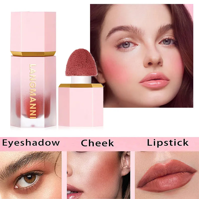 Waterproof Facial Blush Stick Natural Cheek Rouge 14 Colors Silky Smooth Cheek Tint Liquid Face Blusher with Sponge Cosmetics