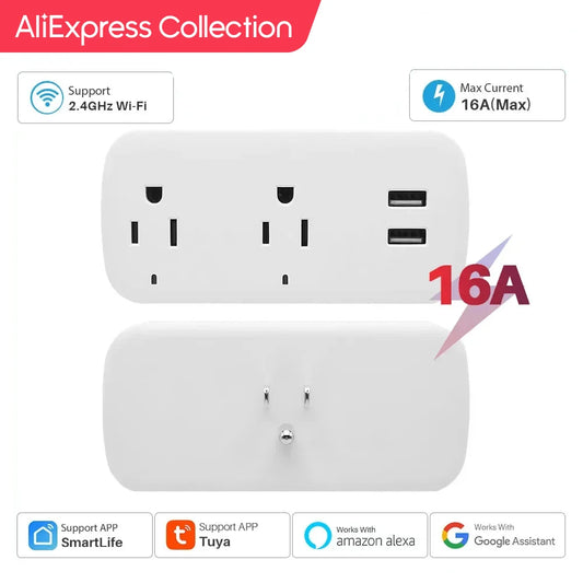 AliExpress Collection 16A US Tuya Smart WiFi Plug Socket 2 Outlets 2 USB Ports With Timer Countdown Smart Life APP Remote