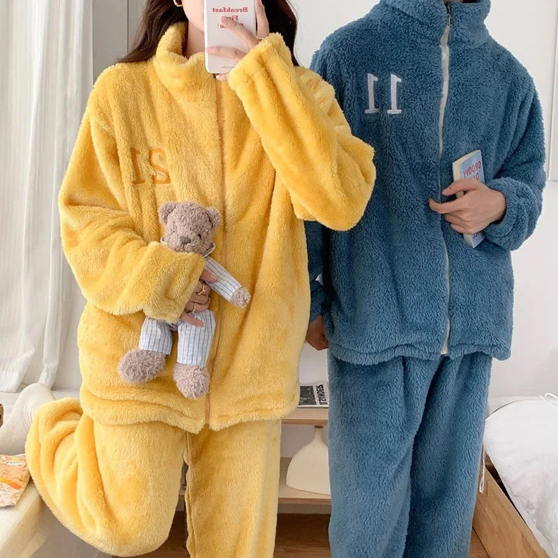 Couple Pajamas Set Autumn Winter Flannel Long Sleeve Zipper Long Plush Sleepwear Suit Men Nightcloth Thick Velvet Thermal Women