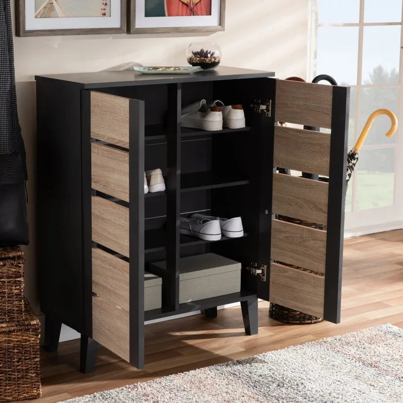 Contemporary Two-Tone Oak Brown and Dark Gray 2-Door Wood Entryway Shoe Storage Cabinet