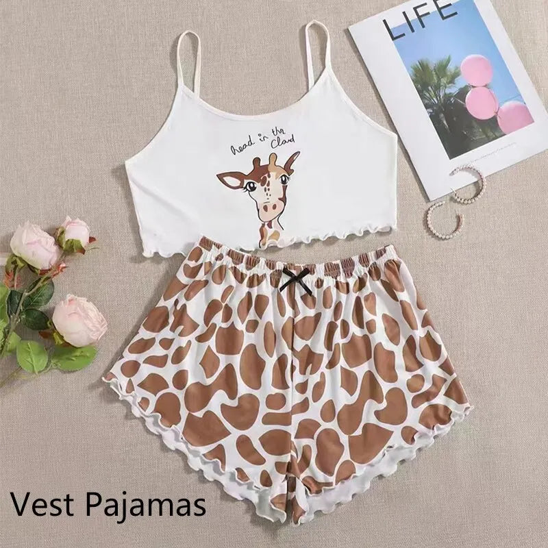 Women Vest Pajamas Pijamas Sleepwear White M L XL Cute Top Shorts Set Cartoon Print Two-piece Home Wear Summer Soft Comfortable