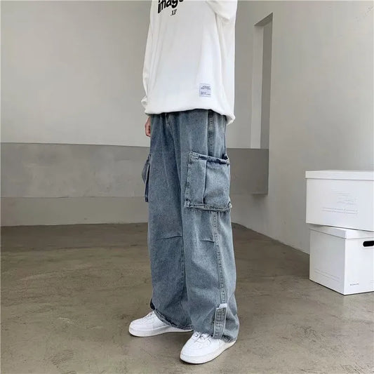 Hip Hop Jeans Men Baggy Cargo Pants Casual Big Pocket Denim Trousers Vintage Plus Size Bottoms Fashion Streetwear Y2K Clothing