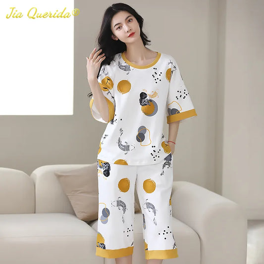 SUKAE Lady Pajamas Set M-5XL Big Size Calf-length O-Neck Sleepwear for Women Cotton Vintage Comfortable Casual Pijamas for Woman